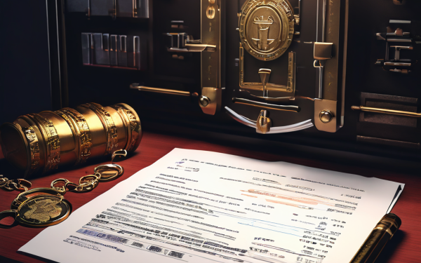 국제 송금과 디지털 자산 관리를 위한 권한 분리 원칙을 상징적으로 보여주는, 금고와 별도의 열쇠들 옆에 놓인 법적 문서 이미지입니다.
