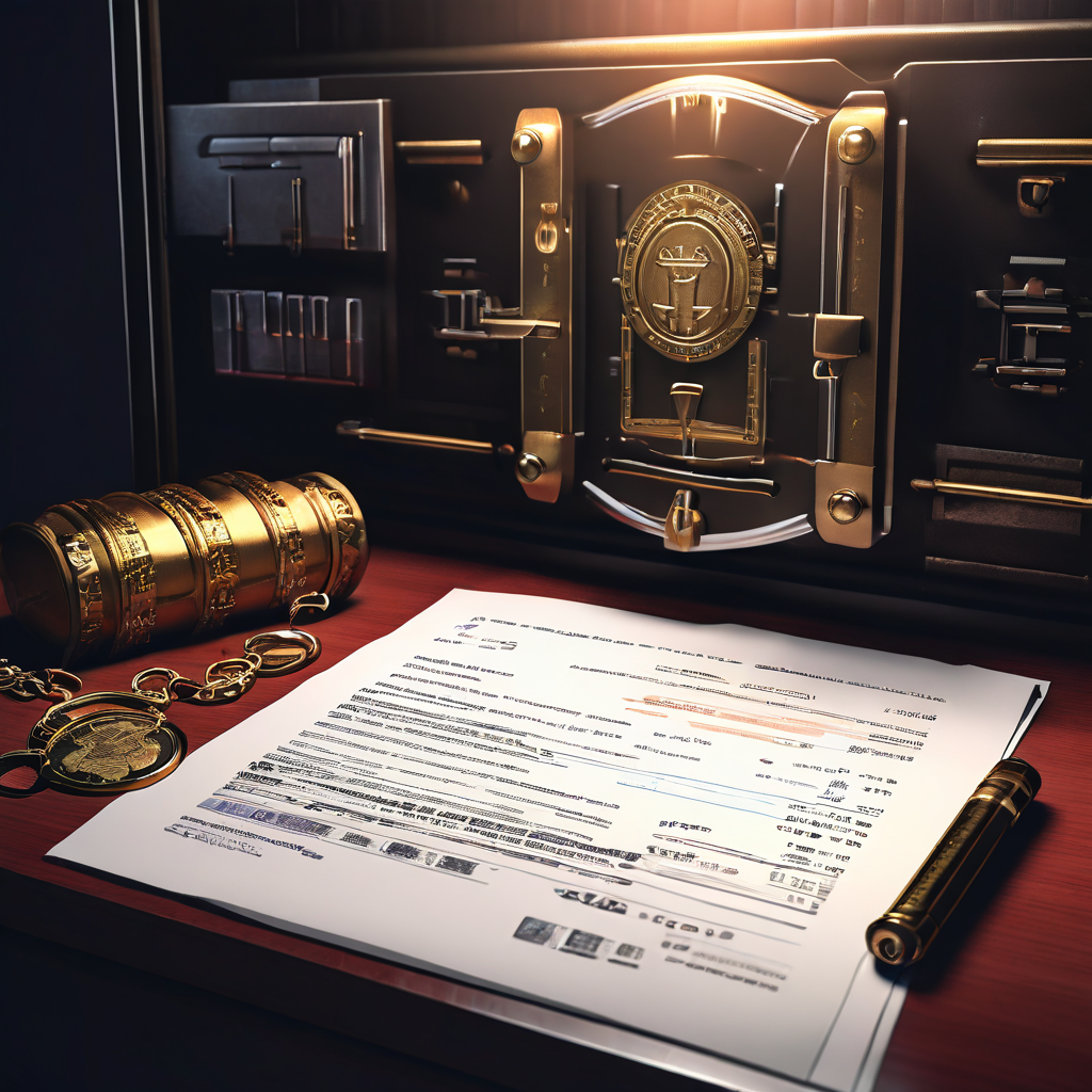 국제 송금과 디지털 자산 관리를 위한 권한 분리 원칙을 상징적으로 보여주는, 금고와 별도의 열쇠들 옆에 놓인 법적 문서 이미지입니다.