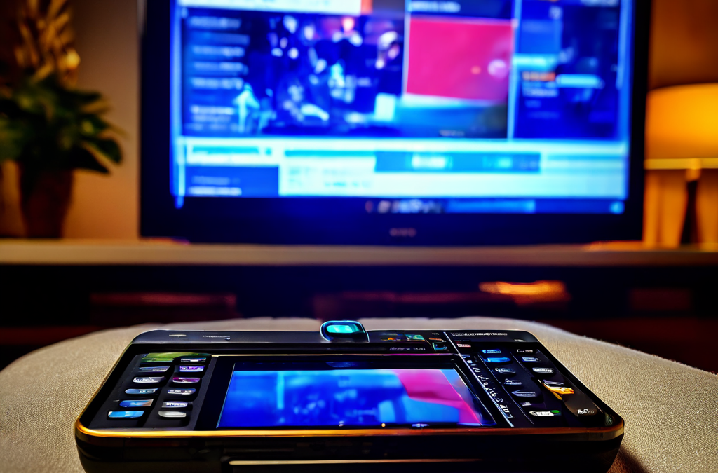 A person holds a smartphone with a blank screen next to a smart TV remote on a wooden coffee table, the TV screen blurred in the b