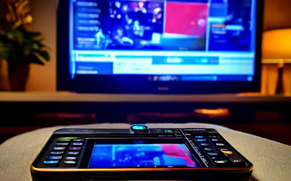 A person holds a smartphone with a blank screen next to a smart TV remote on a wooden coffee table, the TV screen blurred in the b