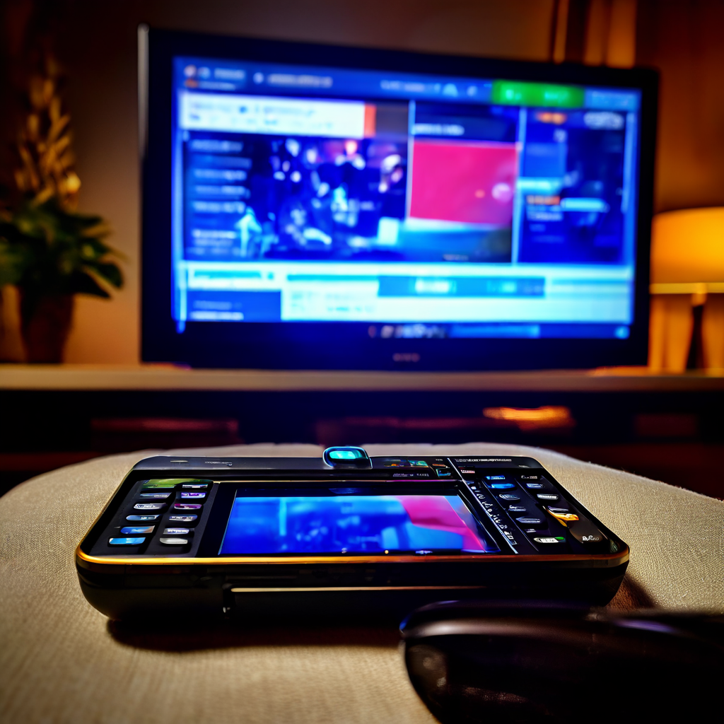 A person holds a smartphone with a blank screen next to a smart TV remote on a wooden coffee table, the TV screen blurred in the b